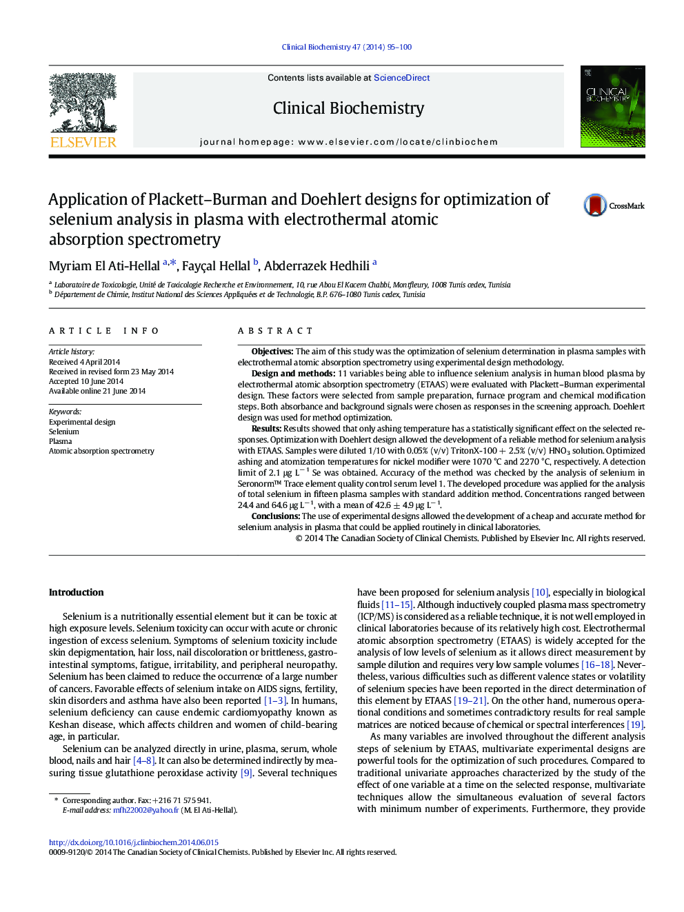 Application of Plackett–Burman and Doehlert designs for optimization of selenium analysis in plasma with electrothermal atomic absorption spectrometry