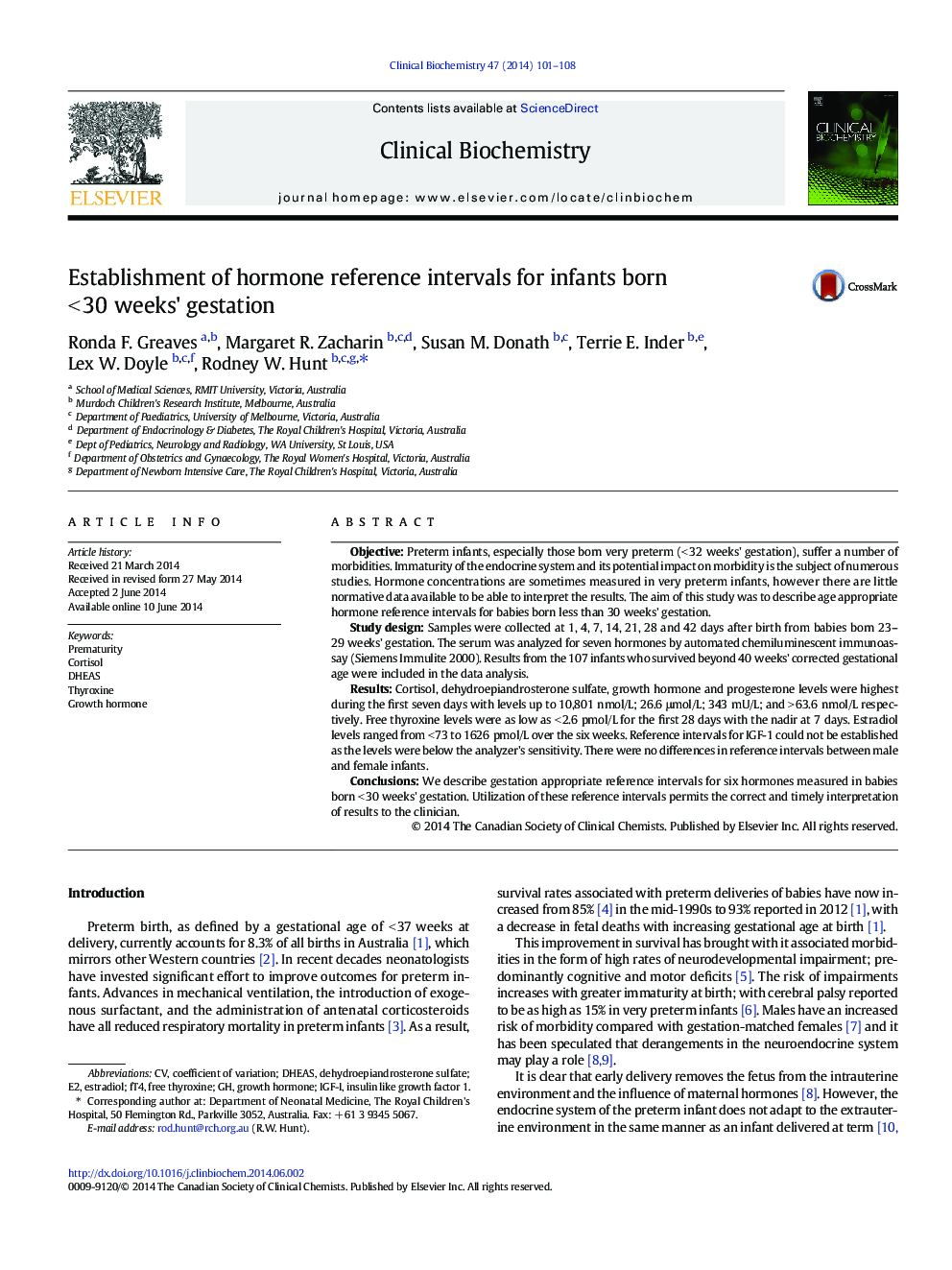 عکس صفحه اول مقاله: Establishment of hormone reference intervals for infants born < 30 weeks' gestation Establishment of hormone reference intervals for infants born < 30 weeks' gestation