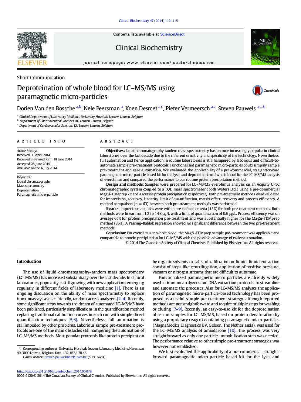 Deproteination of whole blood for LC–MS/MS using paramagnetic micro-particles