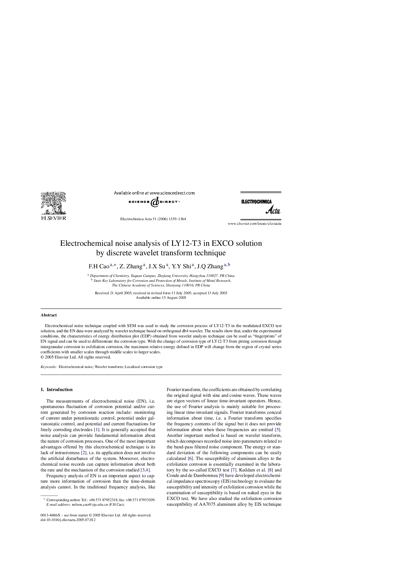 Electrochemical noise analysis of LY12-T3 in EXCO solution by discrete wavelet transform technique