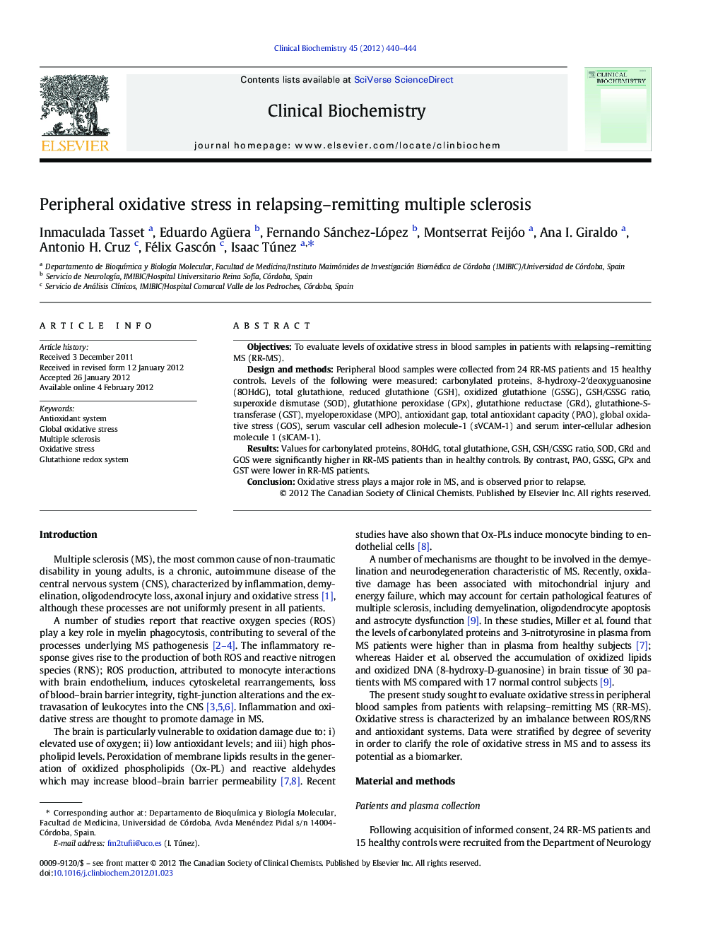 Peripheral oxidative stress in relapsing–remitting multiple sclerosis