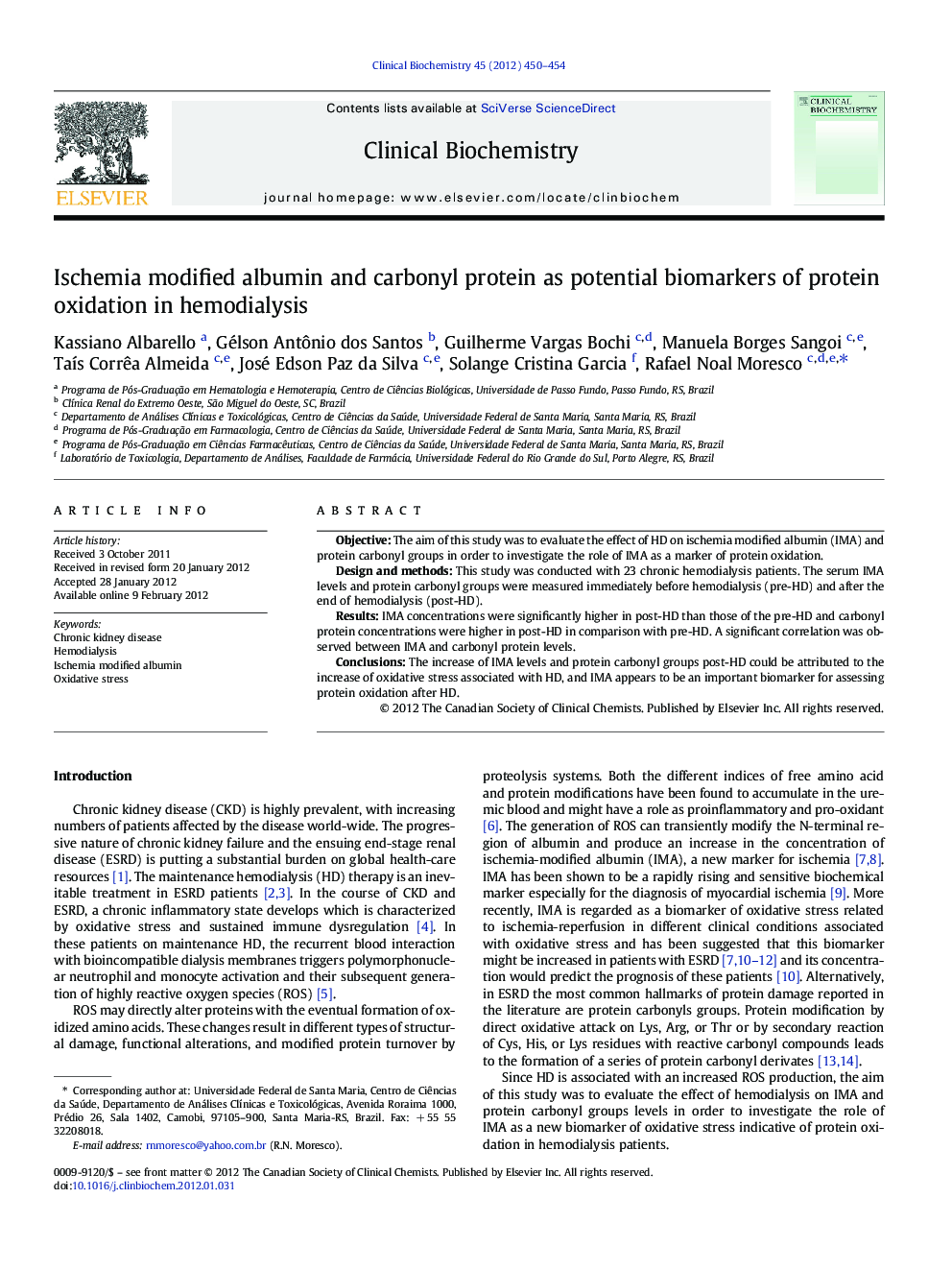 Ischemia modified albumin and carbonyl protein as potential biomarkers of protein oxidation in hemodialysis