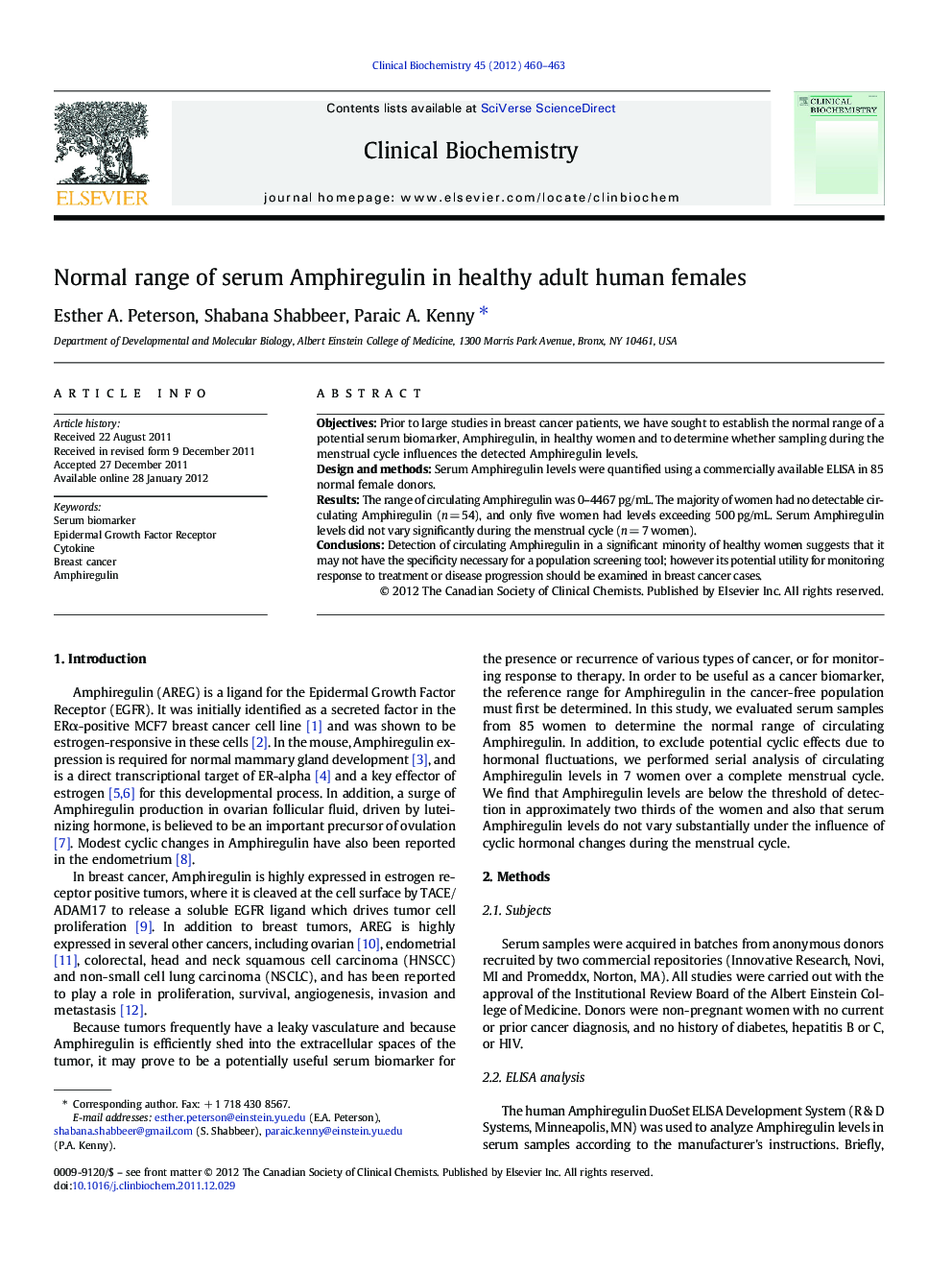 Normal range of serum Amphiregulin in healthy adult human females