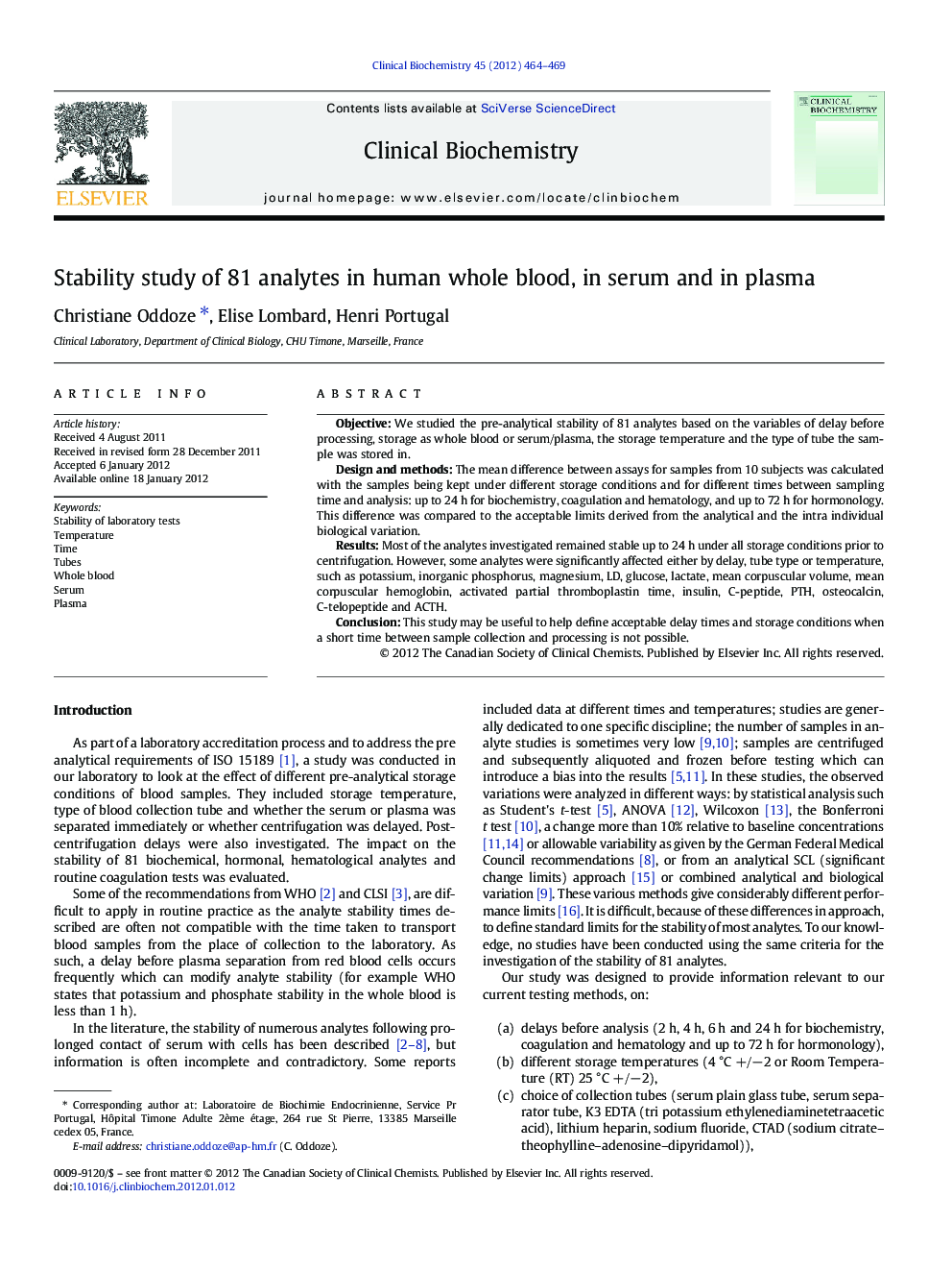 Stability study of 81 analytes in human whole blood, in serum and in plasma