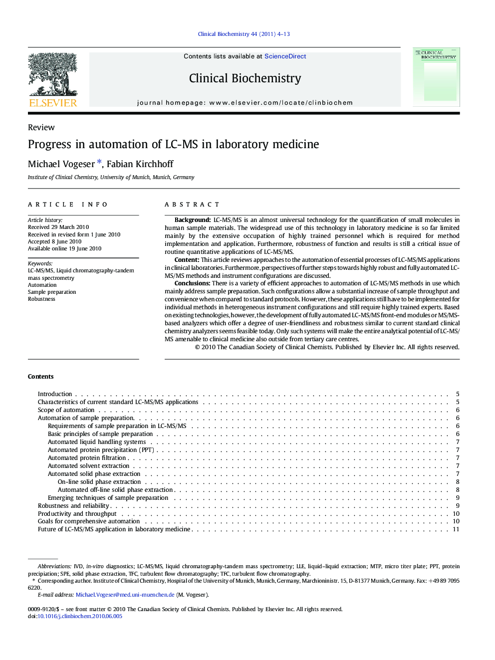 Progress in automation of LC-MS in laboratory medicine