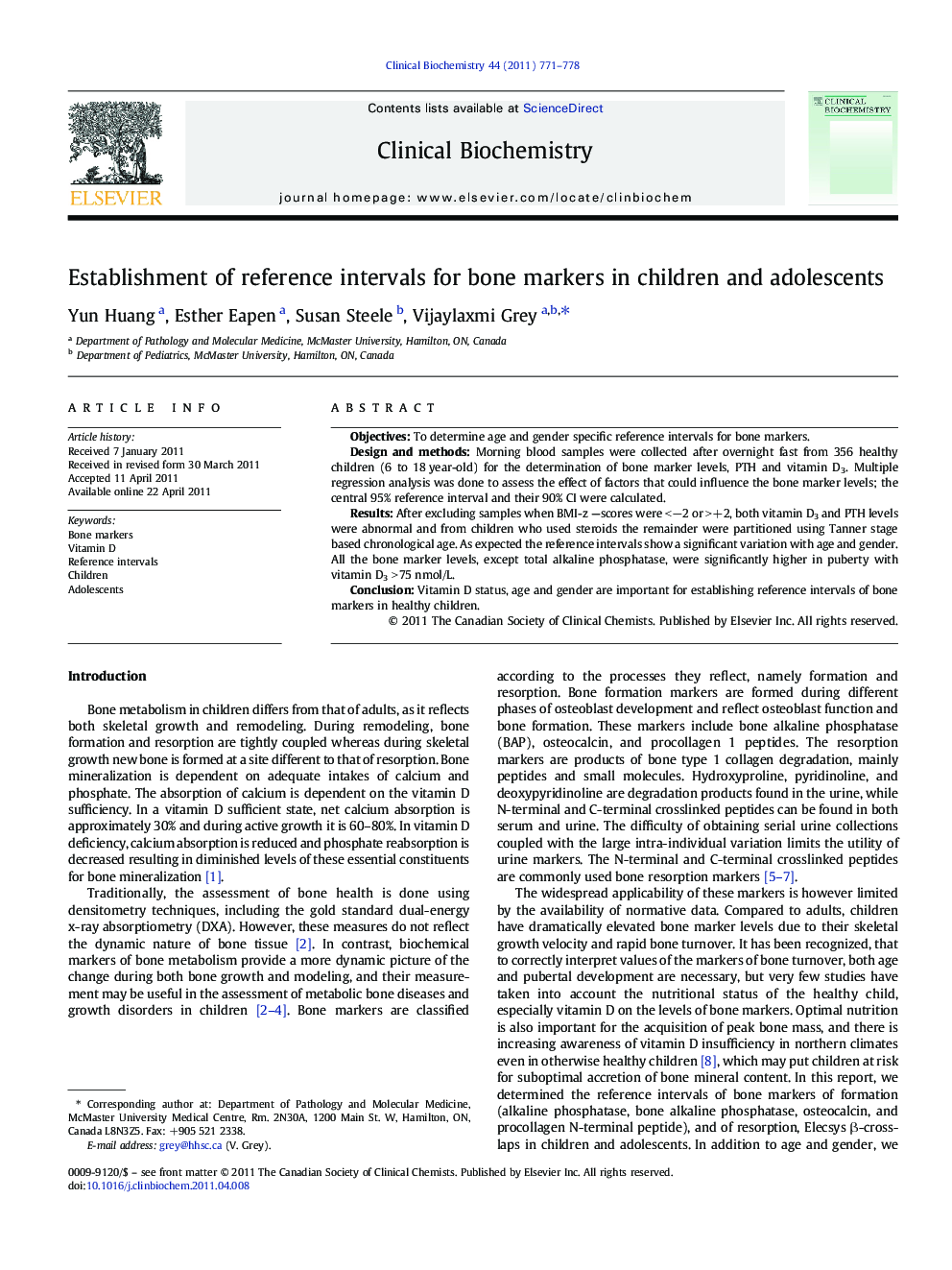 Establishment of reference intervals for bone markers in children and adolescents