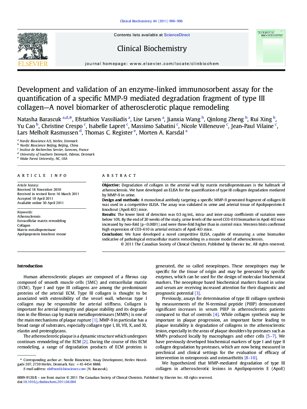 Development and validation of an enzyme-linked immunosorbent assay for the quantification of a specific MMP-9 mediated degradation fragment of type III collagen-A novel biomarker of atherosclerotic plaque remodeling