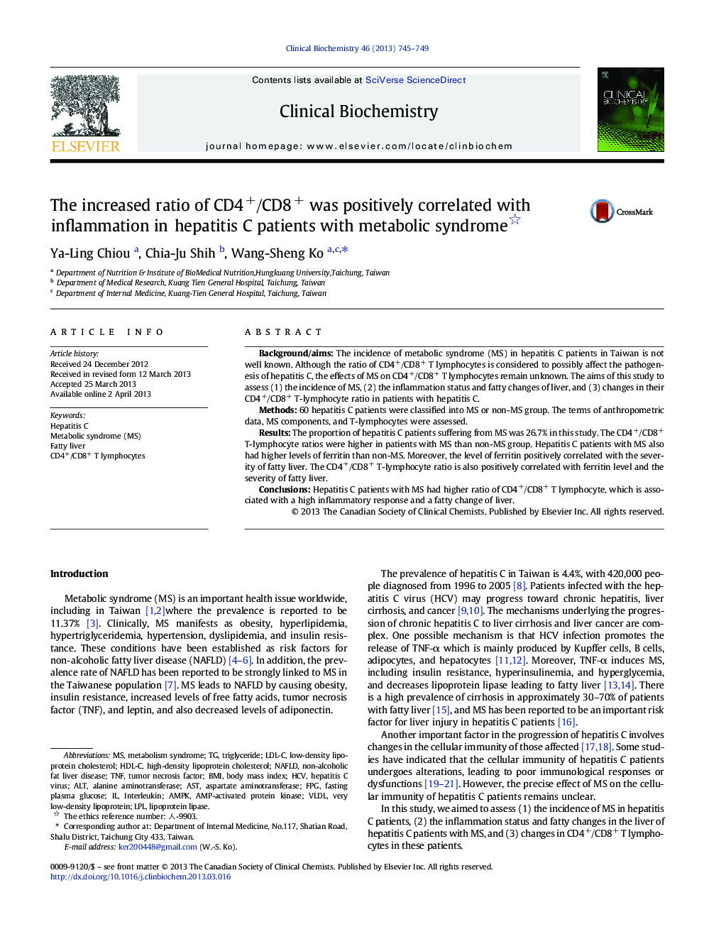 The increased ratio of CD4+/CD8+ was positively correlated with inflammation in hepatitis C patients with metabolic syndrome 