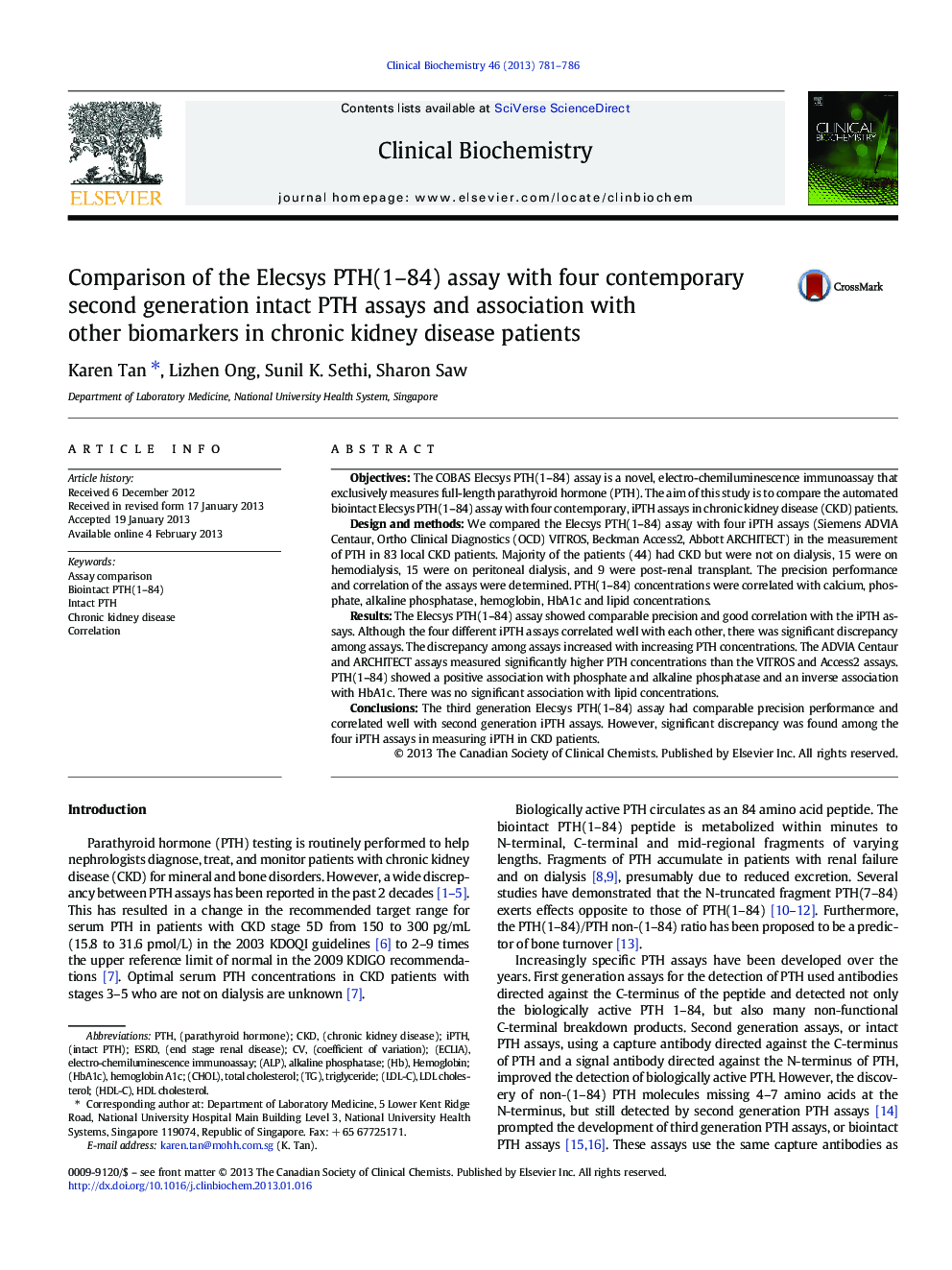 Comparison of the Elecsys PTH(1–84) assay with four contemporary second generation intact PTH assays and association with other biomarkers in chronic kidney disease patients