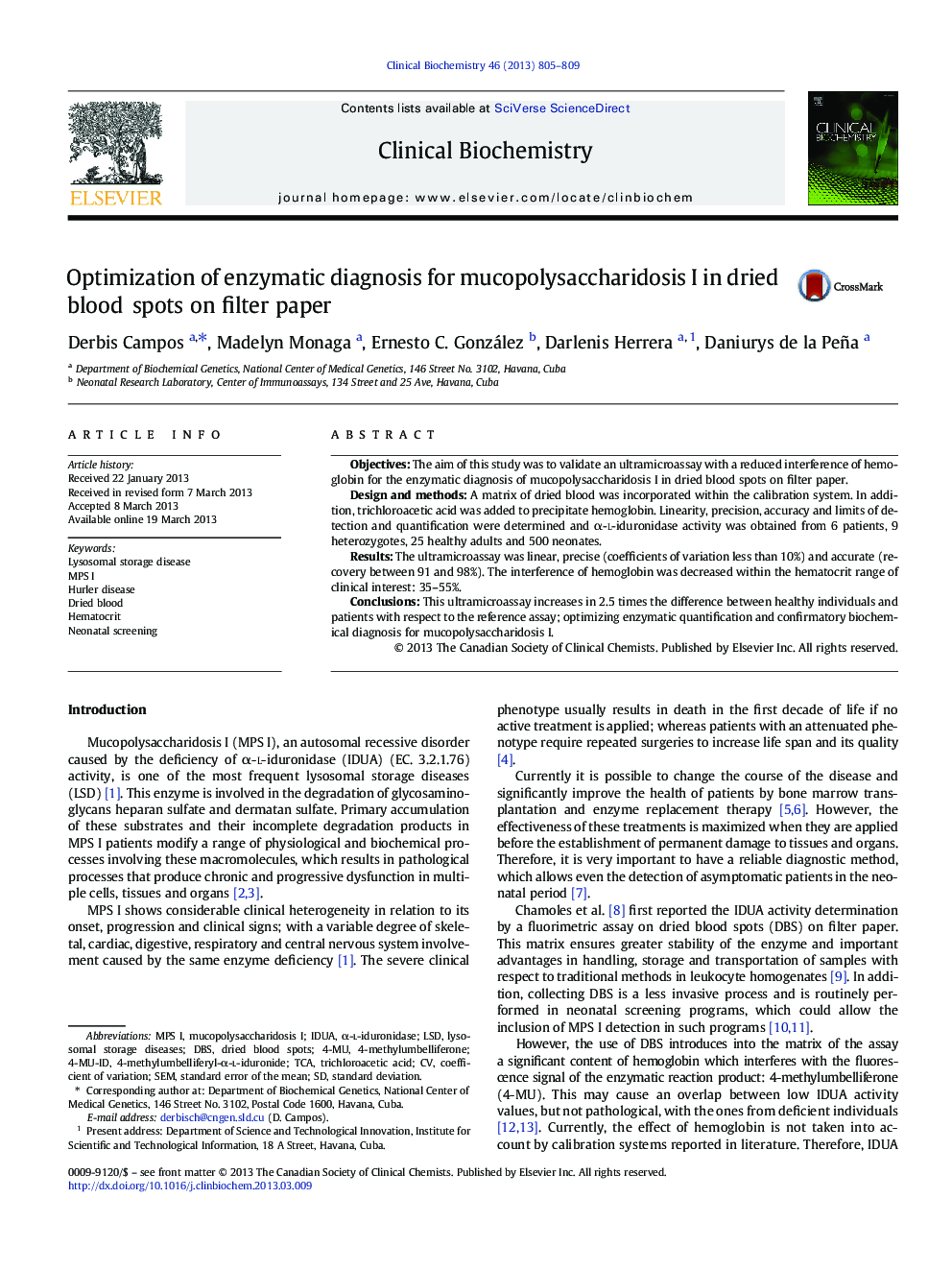 Optimization of enzymatic diagnosis for mucopolysaccharidosis I in dried blood spots on filter paper