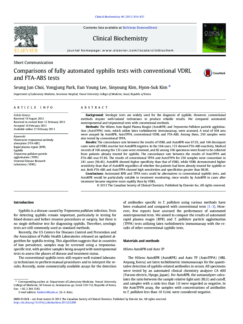 Comparisons of fully automated syphilis tests with conventional VDRL and FTA-ABS tests