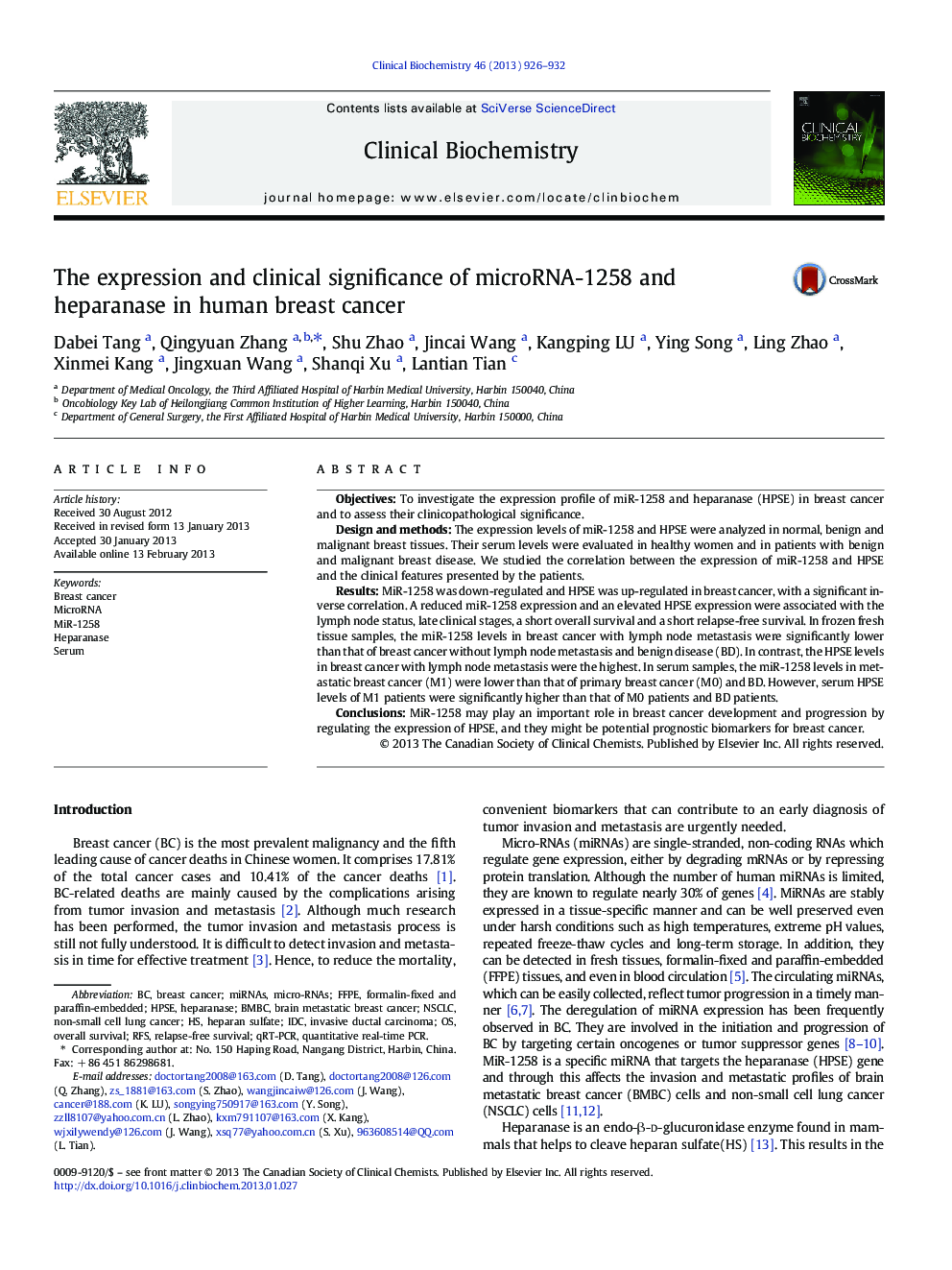 The expression and clinical significance of microRNA-1258 and heparanase in human breast cancer