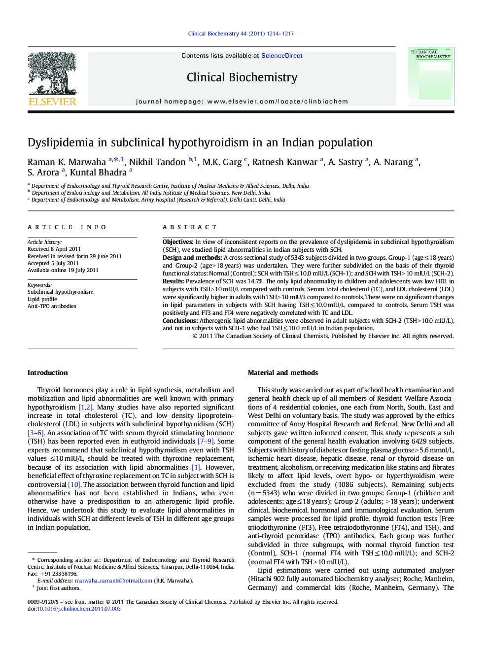 Dyslipidemia in subclinical hypothyroidism in an Indian population