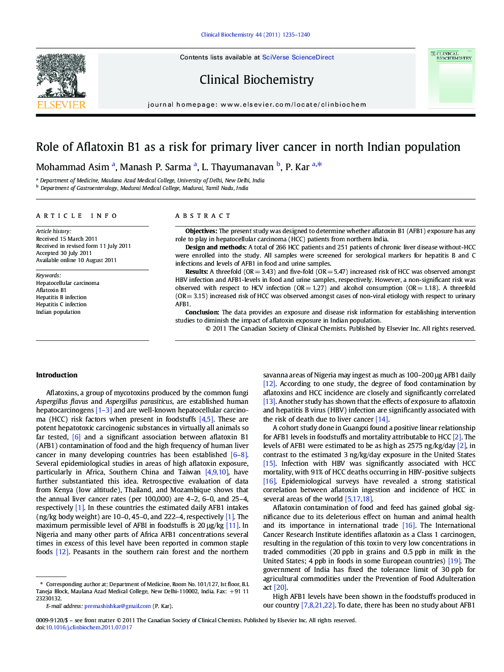 Role of Aflatoxin B1 as a risk for primary liver cancer in north Indian population