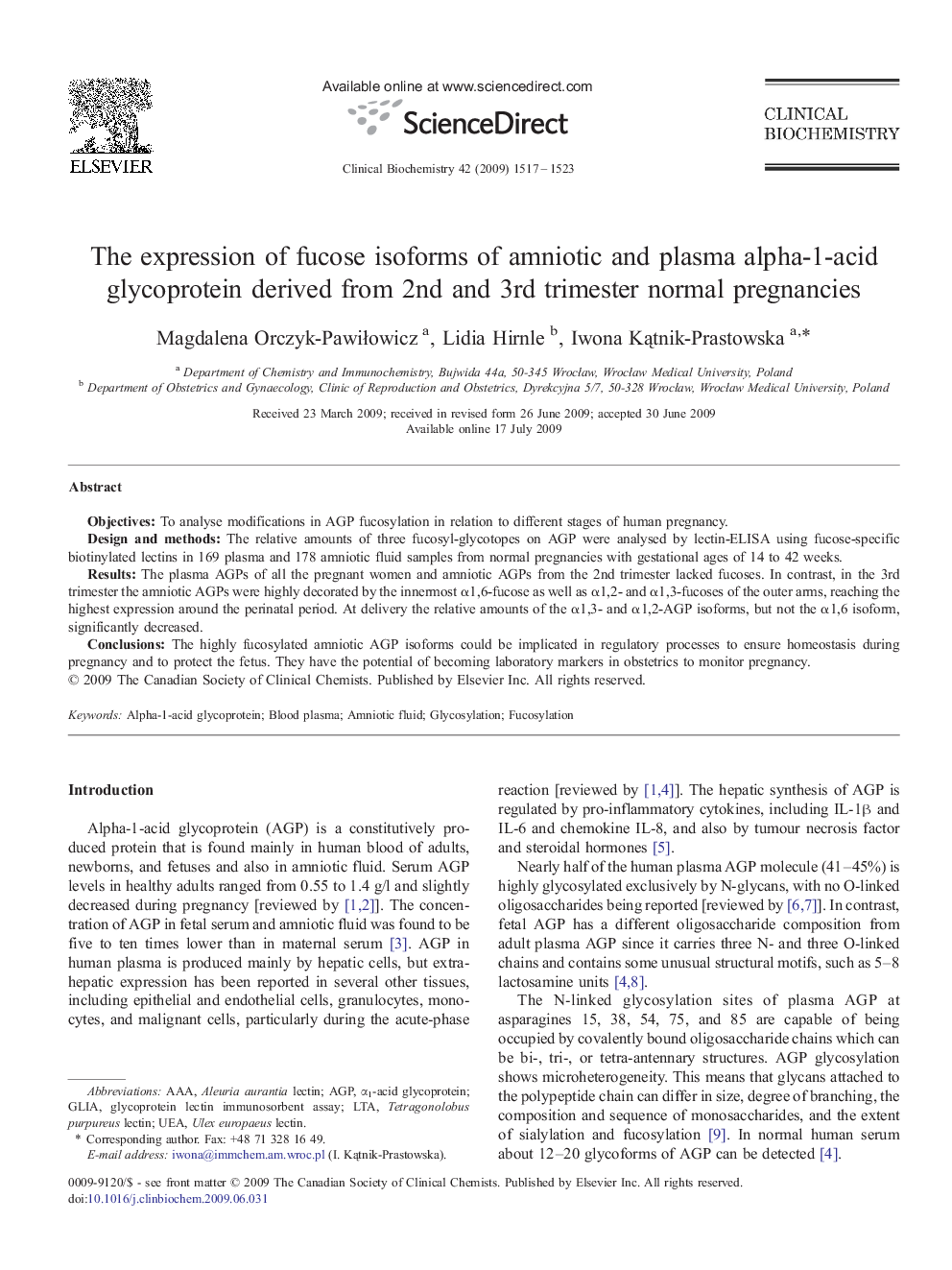 The expression of fucose isoforms of amniotic and plasma alpha-1-acid glycoprotein derived from 2nd and 3rd trimester normal pregnancies