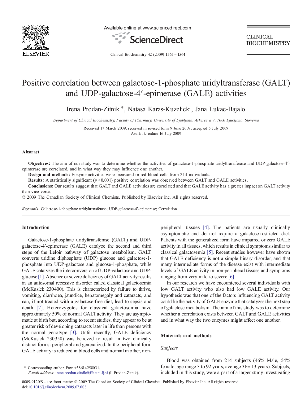 Positive correlation between galactose-1-phosphate uridyltransferase (GALT) and UDP-galactose-4′-epimerase (GALE) activities