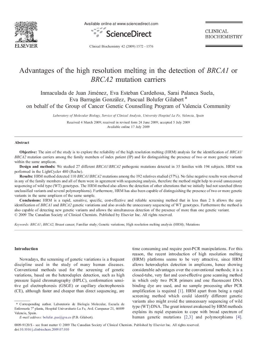 Advantages of the high resolution melting in the detection of BRCA1 or BRCA2 mutation carriers