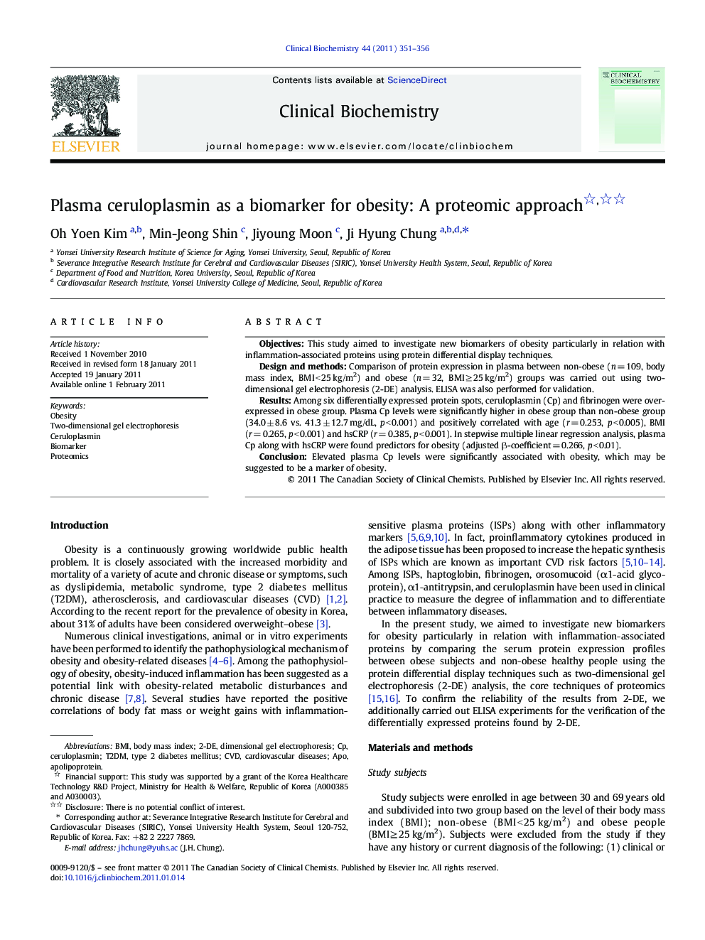 عکس صفحه اول مقاله: Plasma ceruloplasmin as a biomarker for obesity: A proteomic approach Plasma ceruloplasmin as a biomarker for obesity: A proteomic approach