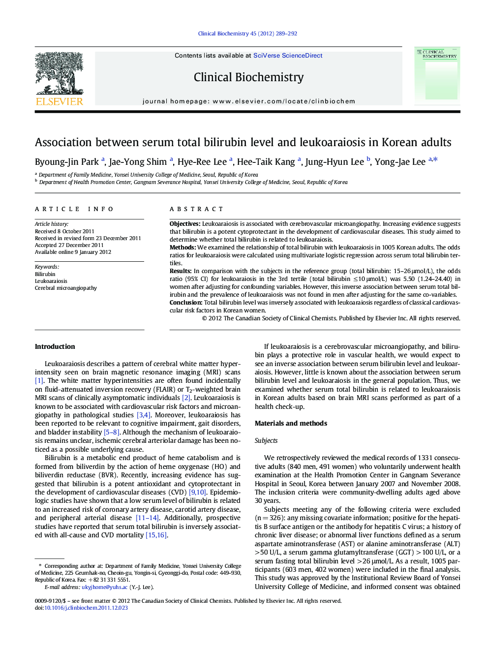 Association between serum total bilirubin level and leukoaraiosis in Korean adults