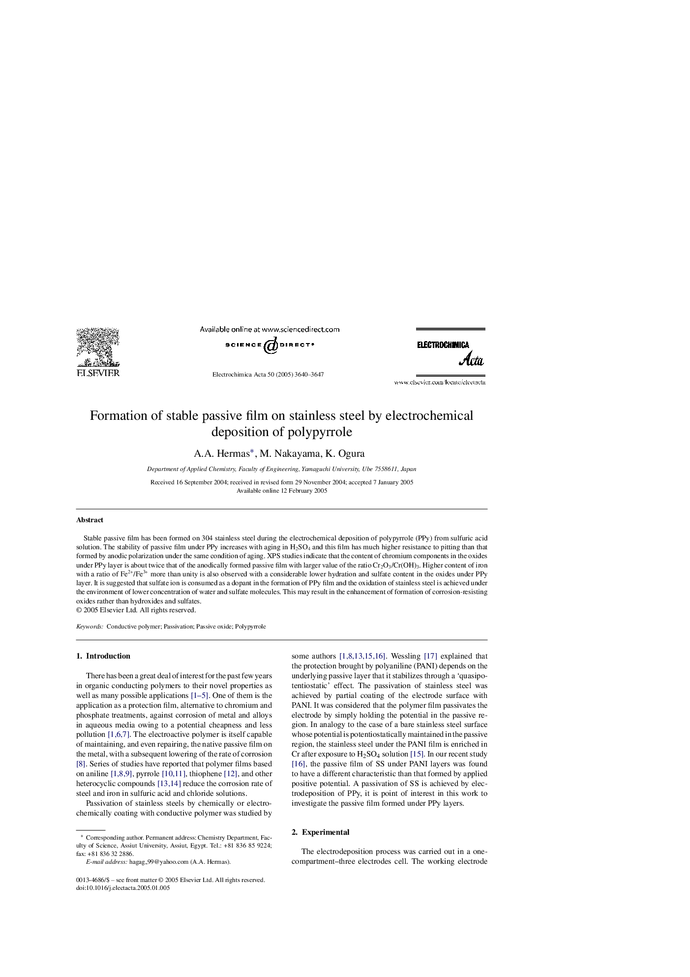 Formation of stable passive film on stainless steel by electrochemical deposition of polypyrrole