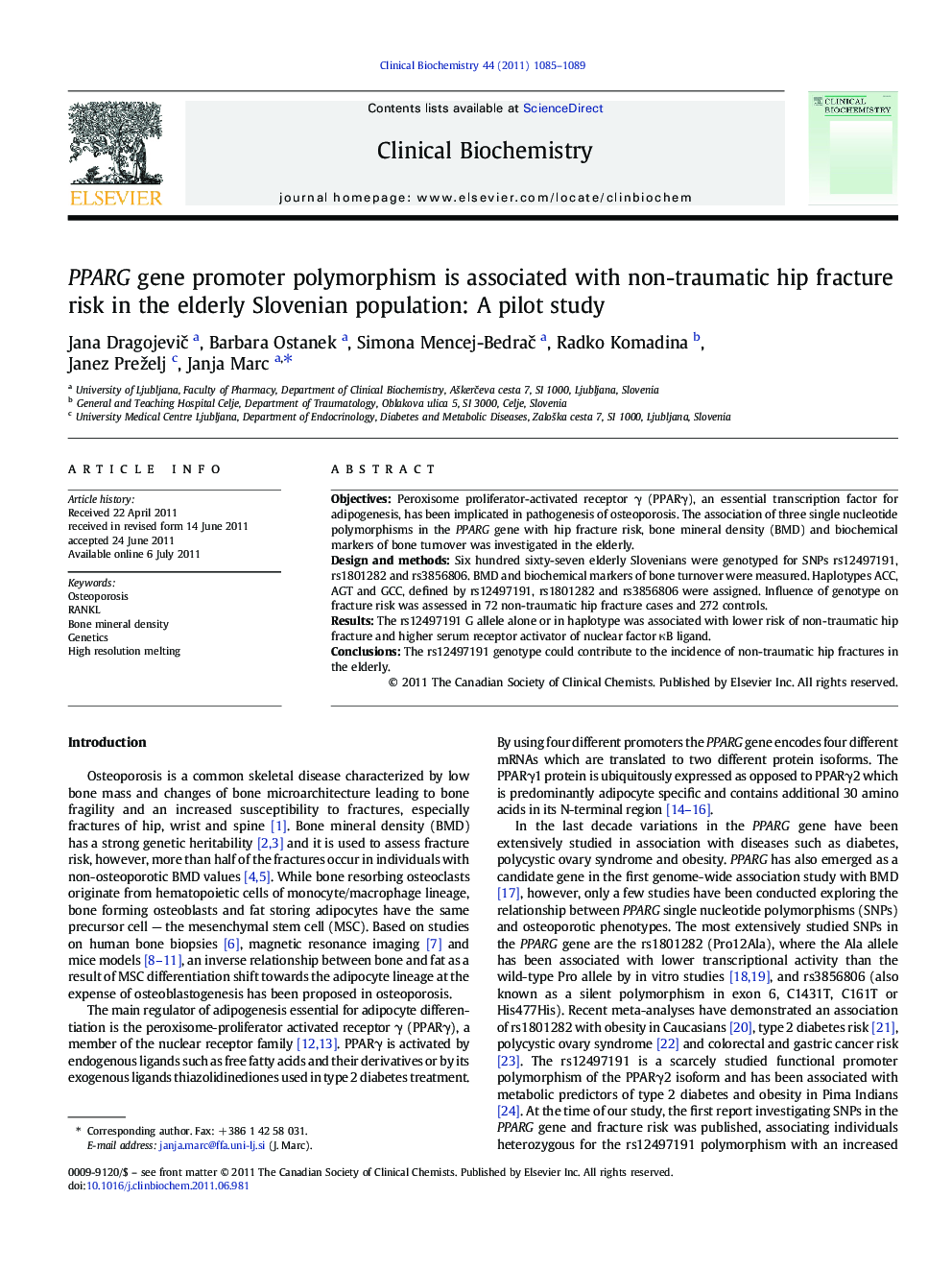 PPARG gene promoter polymorphism is associated with non-traumatic hip fracture risk in the elderly Slovenian population: A pilot study