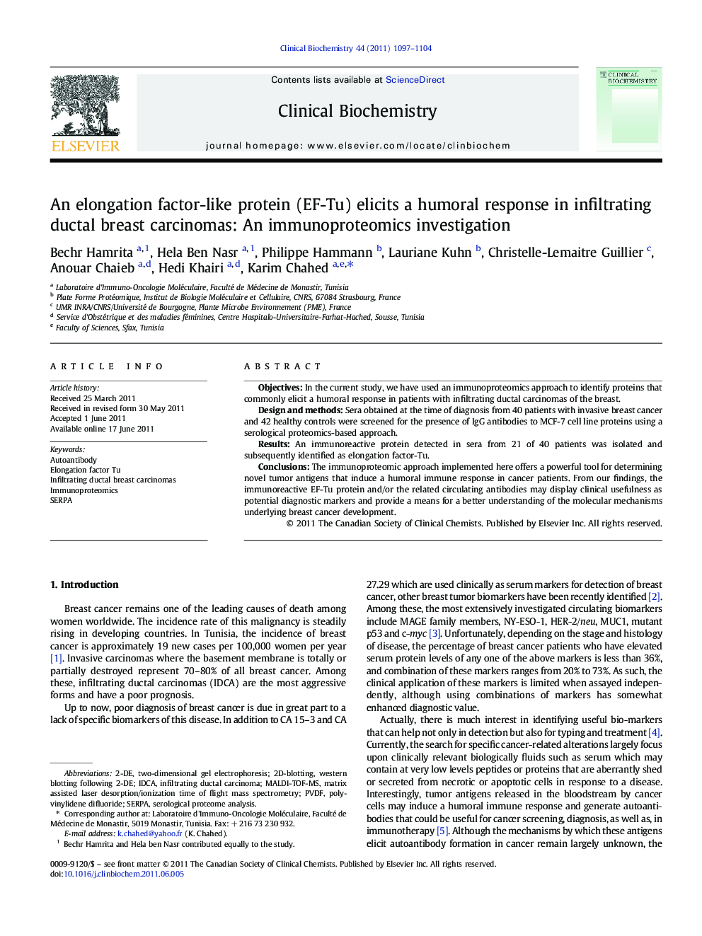 An elongation factor-like protein (EF-Tu) elicits a humoral response in infiltrating ductal breast carcinomas: An immunoproteomics investigation