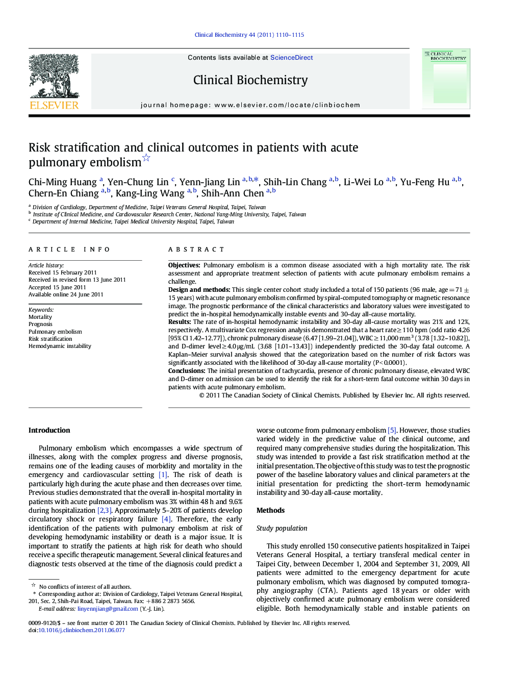 Risk stratification and clinical outcomes in patients with acute pulmonary embolism 