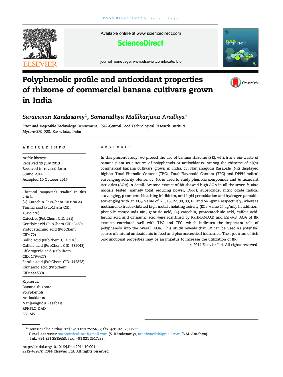 مشخصات پلیفنیک و خواص آنتی اکسیدانی ریزوم ارقام تجاری موز در هندوستان 