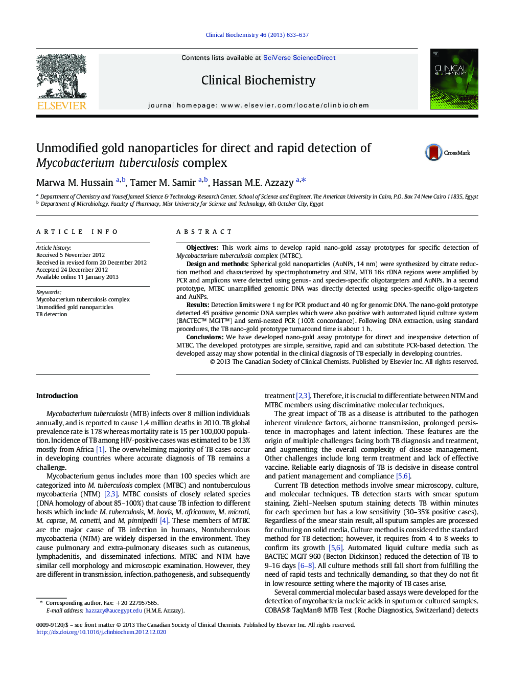 Unmodified gold nanoparticles for direct and rapid detection of Mycobacterium tuberculosis complex