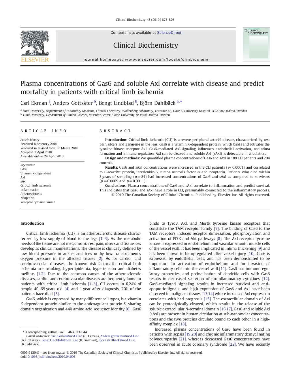 Plasma concentrations of Gas6 and soluble Axl correlate with disease and predict mortality in patients with critical limb ischemia