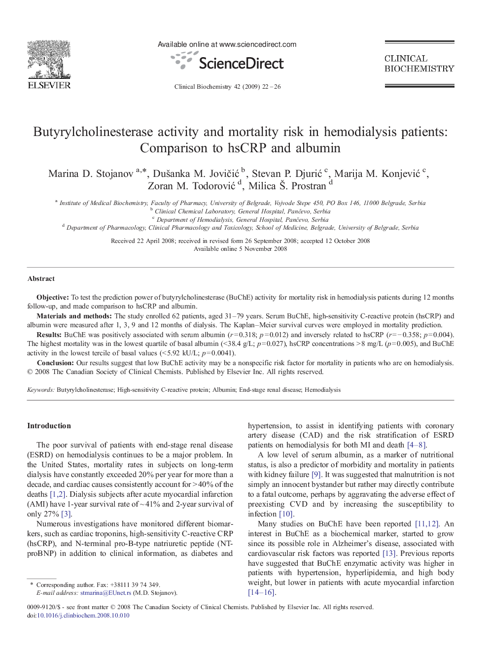 عکس صفحه اول مقاله: Butyrylcholinesterase activity and mortality risk in hemodialysis patients: Comparison to hsCRP and albumin Butyrylcholinesterase activity and mortality risk in hemodialysis patients: Comparison to hsCRP and albumin