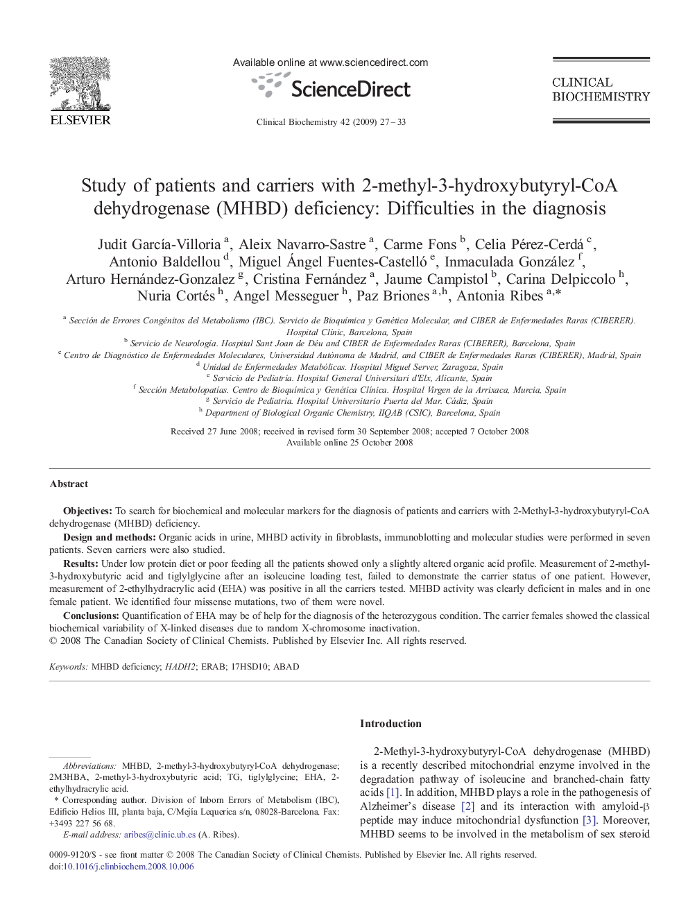 Study of patients and carriers with 2-methyl-3-hydroxybutyryl-CoA dehydrogenase (MHBD) deficiency: Difficulties in the diagnosis