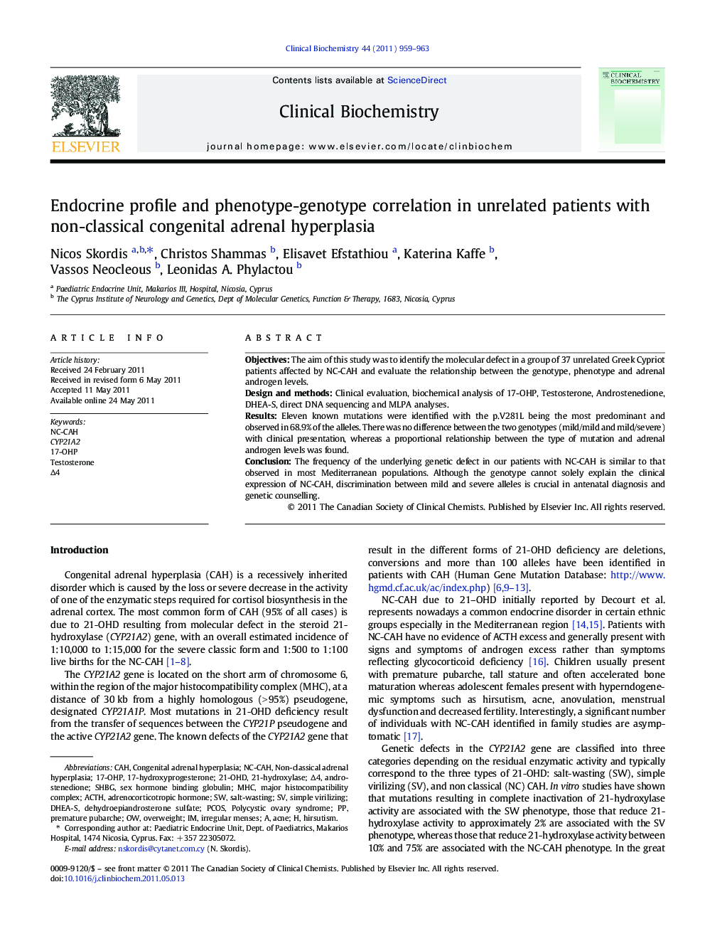 Endocrine profile and phenotype-genotype correlation in unrelated patients with non-classical congenital adrenal hyperplasia