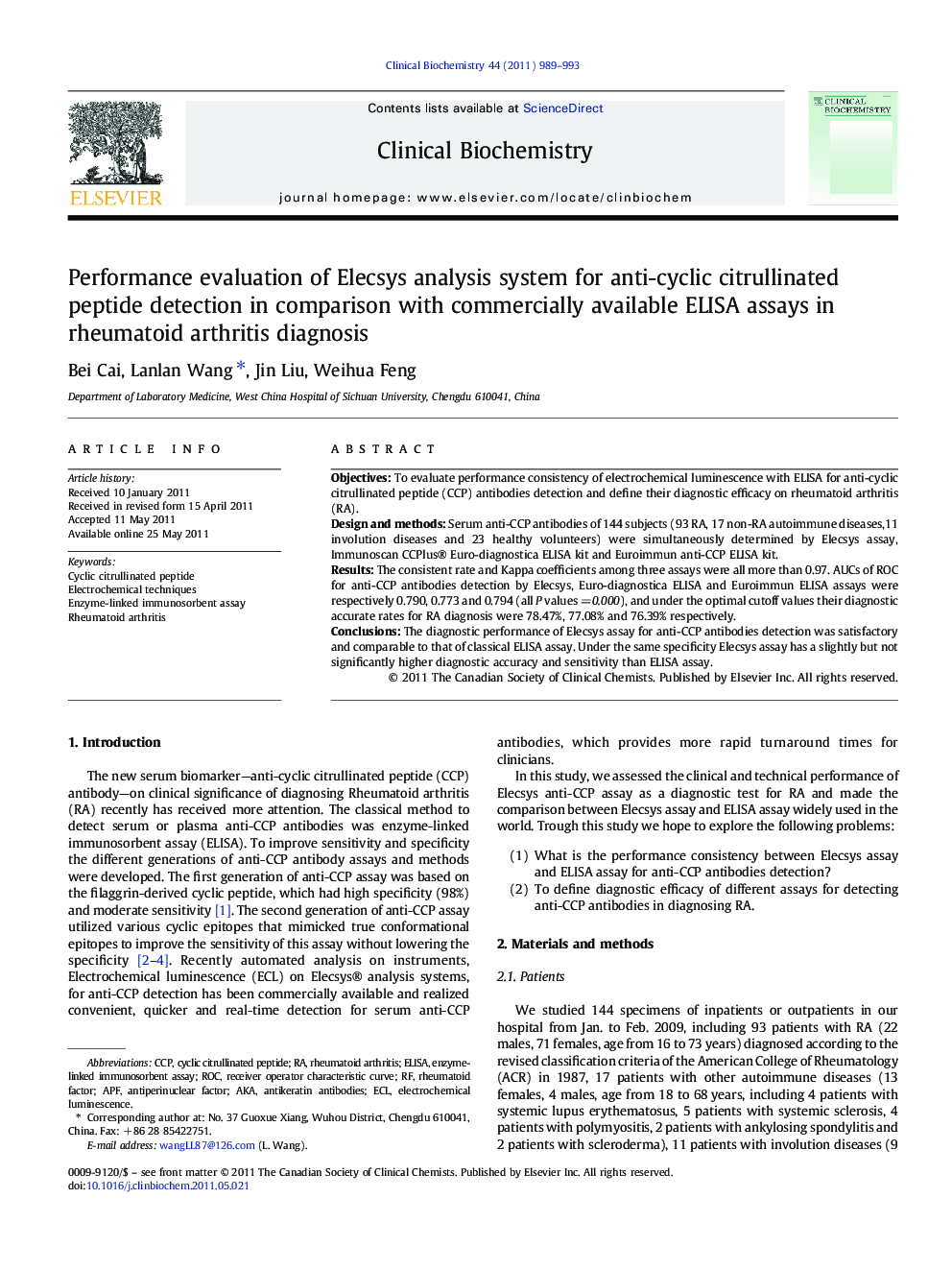 Performance evaluation of Elecsys analysis system for anti-cyclic citrullinated peptide detection in comparison with commercially available ELISA assays in rheumatoid arthritis diagnosis