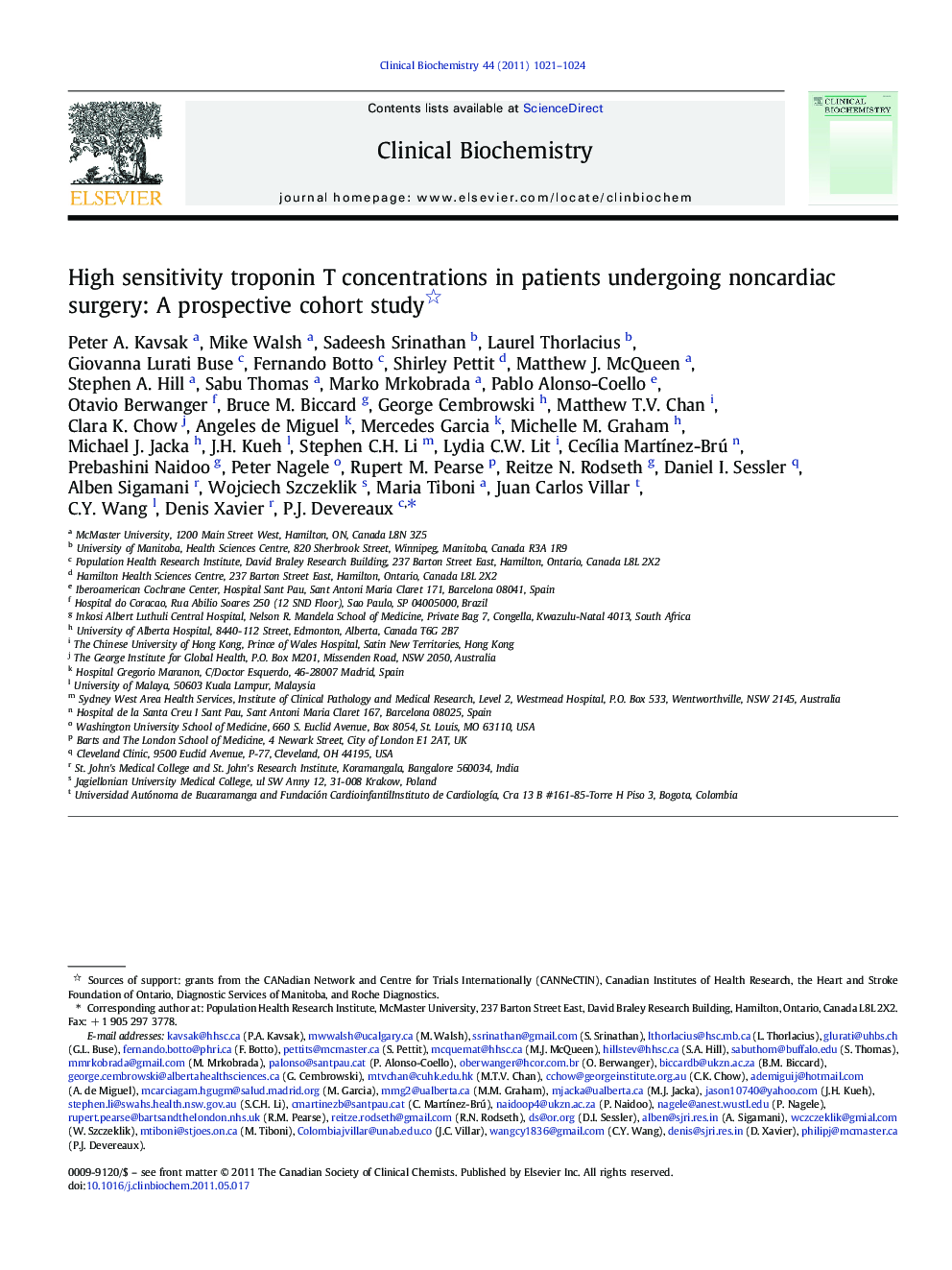 High sensitivity troponin T concentrations in patients undergoing noncardiac surgery: A prospective cohort study 