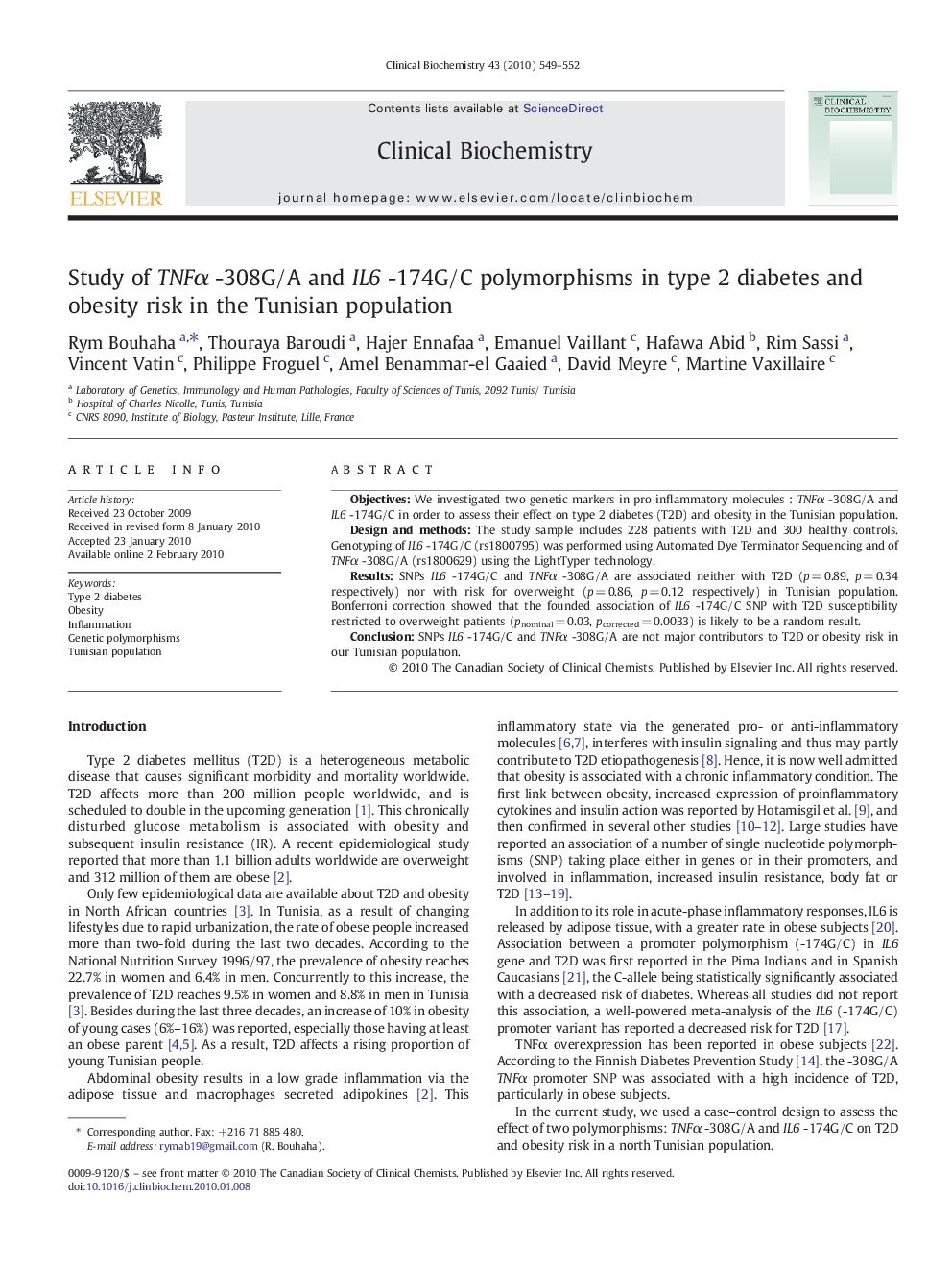 Study of TNFα -308G/A and IL6 -174G/C polymorphisms in type 2 diabetes and obesity risk in the Tunisian population