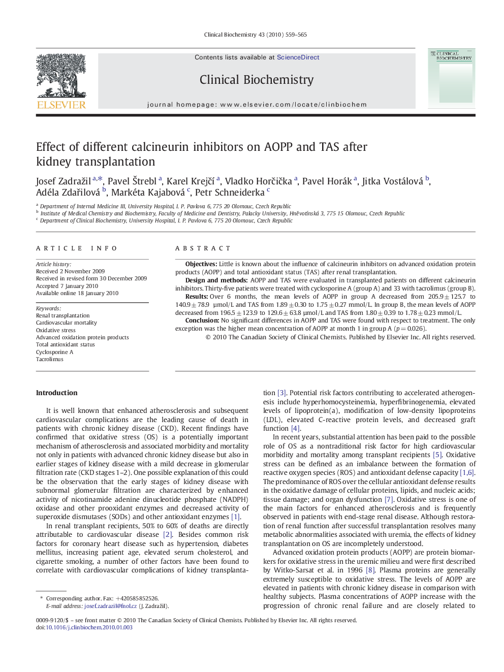 Effect of different calcineurin inhibitors on AOPP and TAS after kidney transplantation