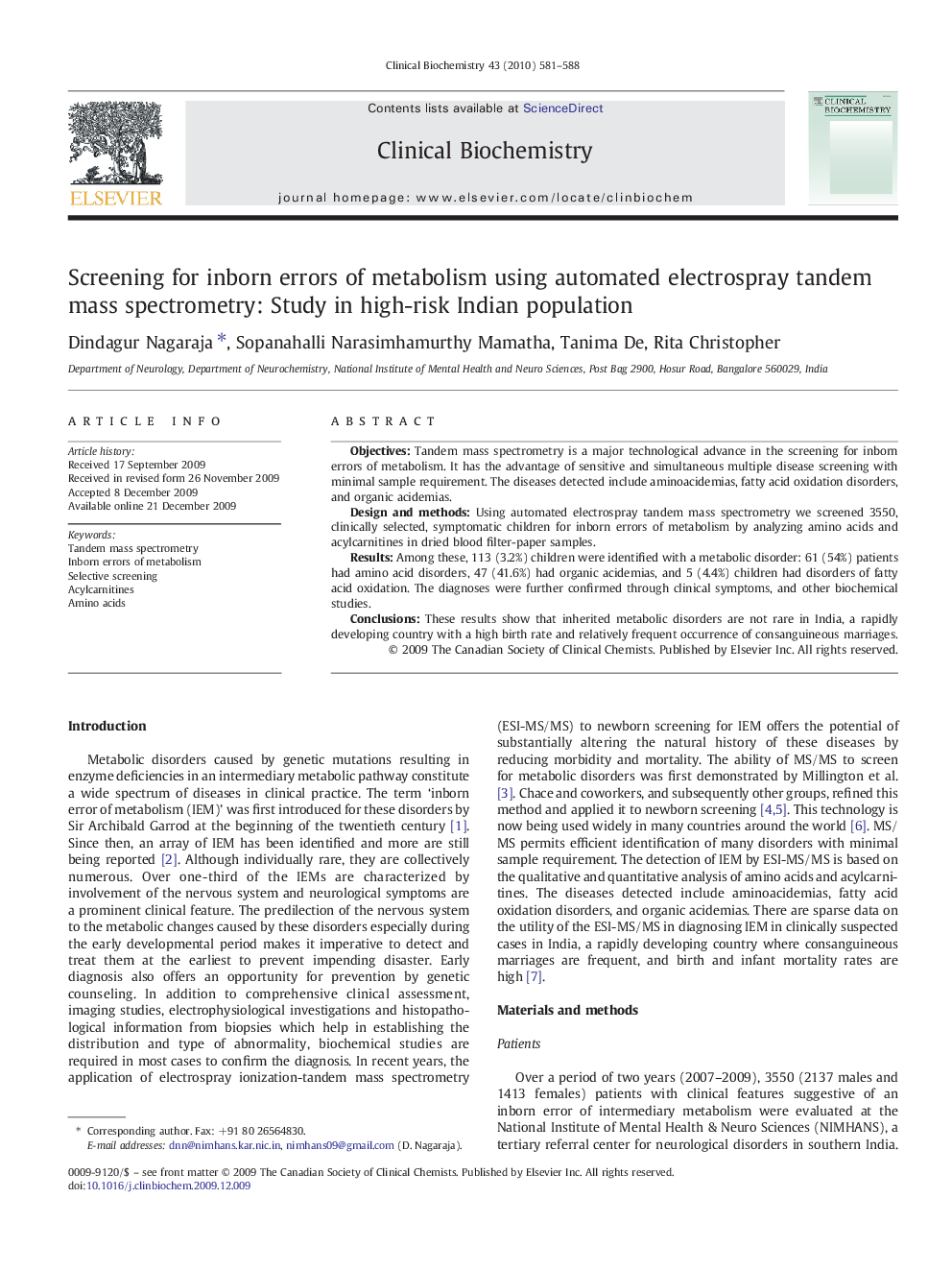 Screening for inborn errors of metabolism using automated electrospray tandem mass spectrometry: Study in high-risk Indian population