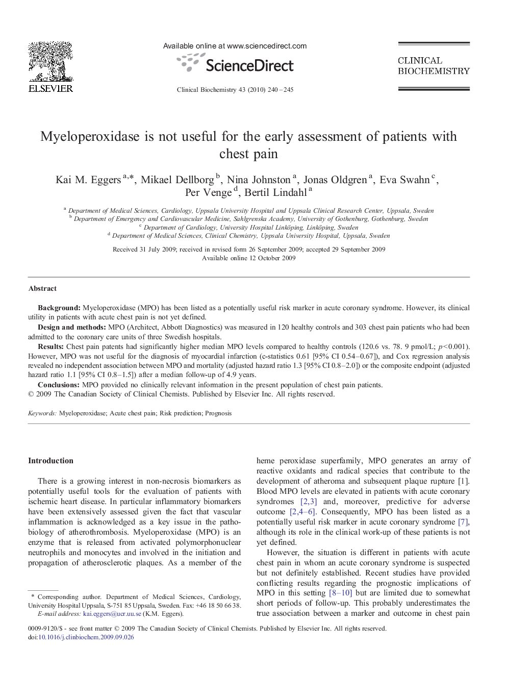 Myeloperoxidase is not useful for the early assessment of patients with chest pain