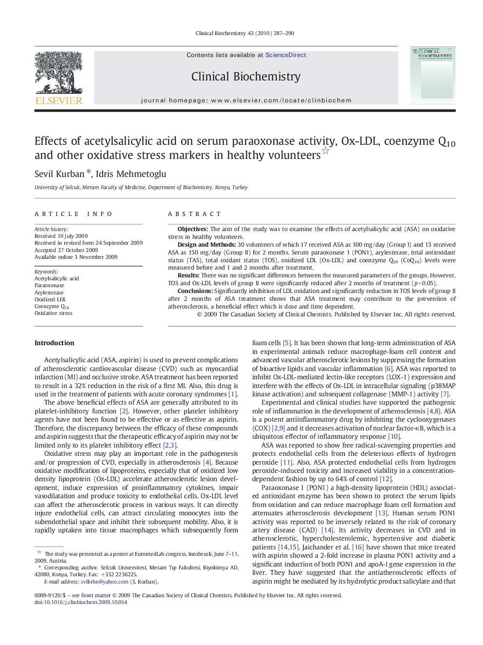 Effects of acetylsalicylic acid on serum paraoxonase activity, Ox-LDL, coenzyme Q10 and other oxidative stress markers in healthy volunteers 