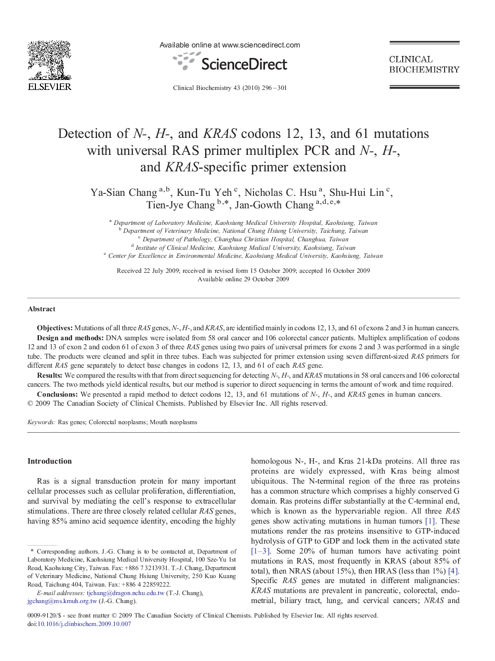 Detection of N-, H-, and KRAS codons 12, 13, and 61 mutations with universal RAS primer multiplex PCR and N-, H-, and KRAS-specific primer extension