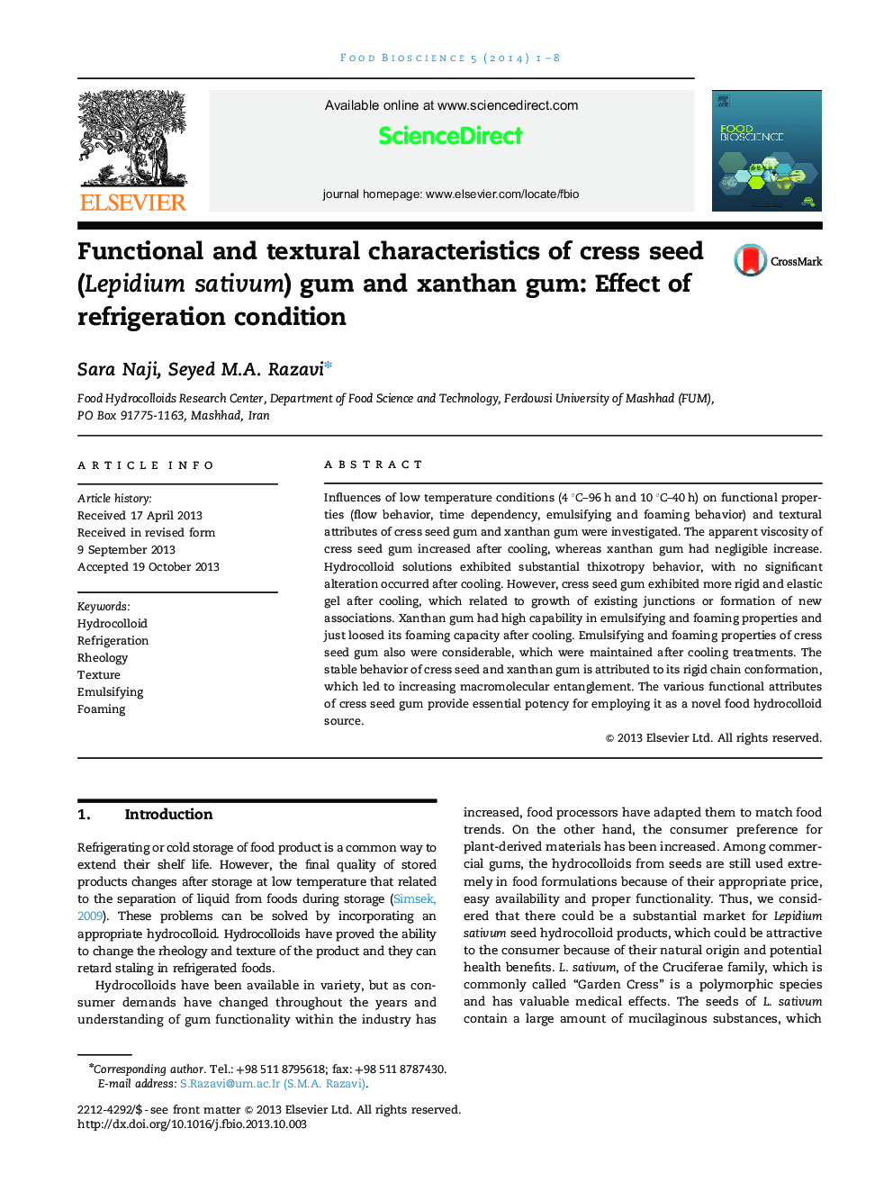 Functional and textural characteristics of cress seed (Lepidium sativum) gum and xanthan gum: Effect of refrigeration condition
