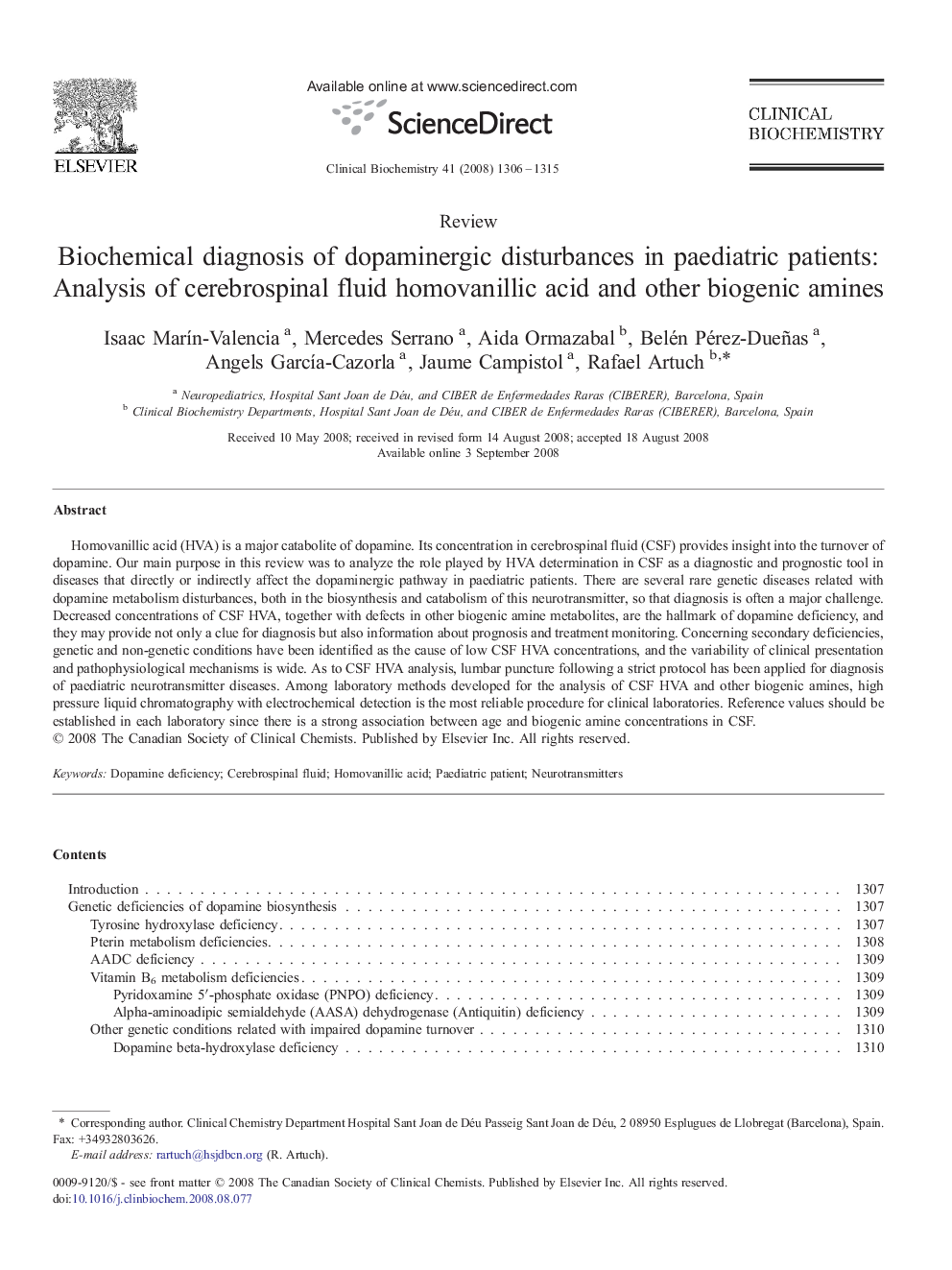 Biochemical diagnosis of dopaminergic disturbances in paediatric patients: Analysis of cerebrospinal fluid homovanillic acid and other biogenic amines