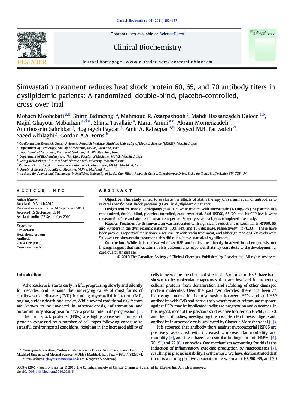 Simvastatin treatment reduces heat shock protein 60, 65, and 70 antibody titers in dyslipidemic patients: A randomized, double-blind, placebo-controlled, cross-over trial