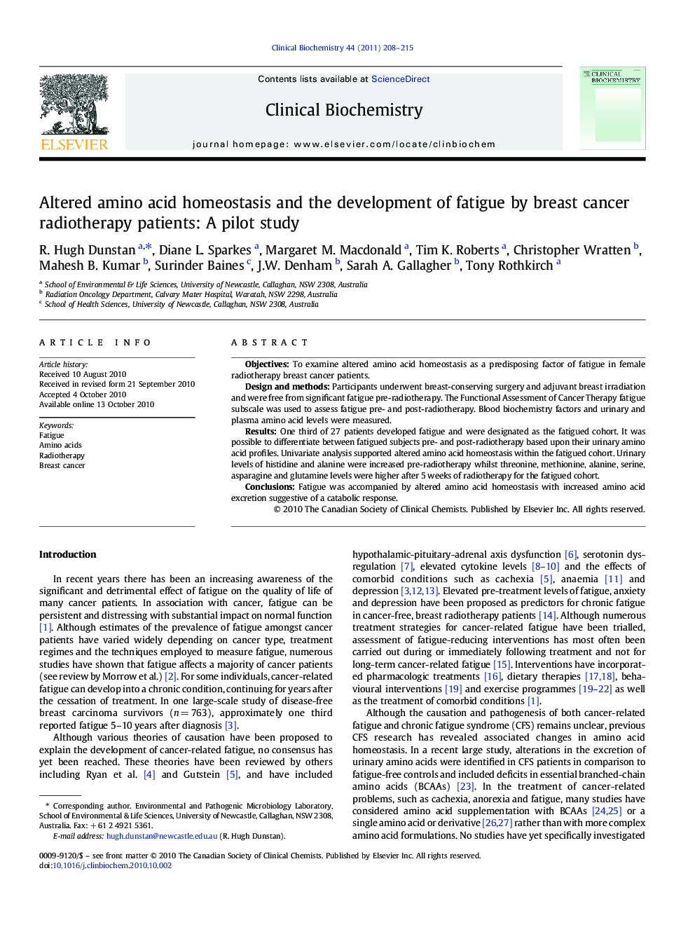 عکس صفحه اول مقاله: Altered amino acid homeostasis and the development of fatigue by breast cancer radiotherapy patients: A pilot study Altered amino acid homeostasis and the development of fatigue by breast cancer radiotherapy patients: A pilot study