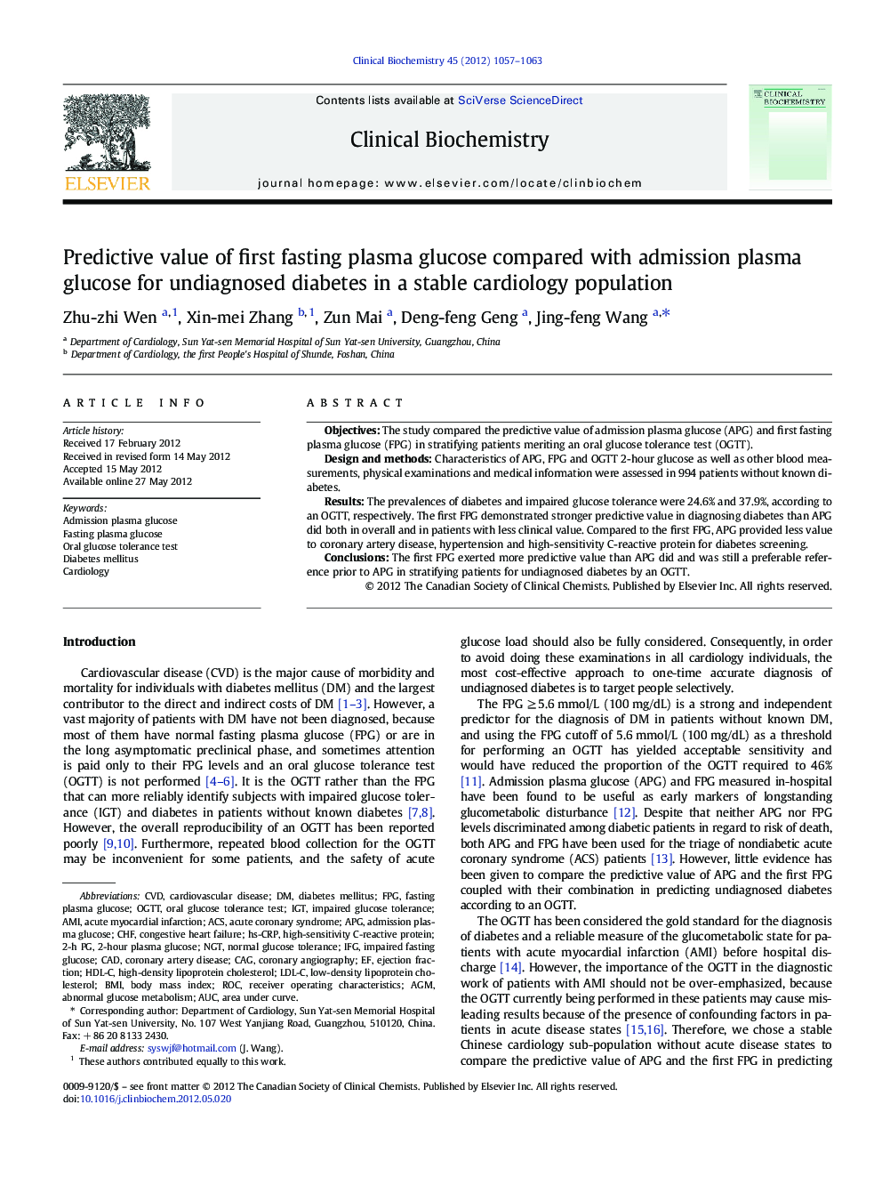 Predictive value of first fasting plasma glucose compared with admission plasma glucose for undiagnosed diabetes in a stable cardiology population