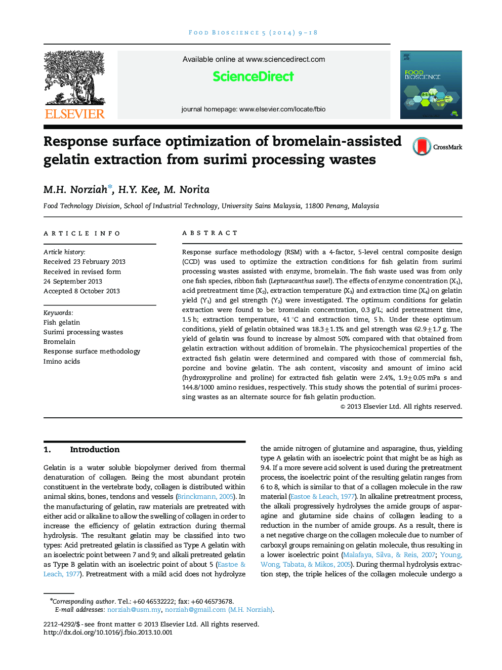 Response surface optimization of bromelain-assisted gelatin extraction from surimi processing wastes