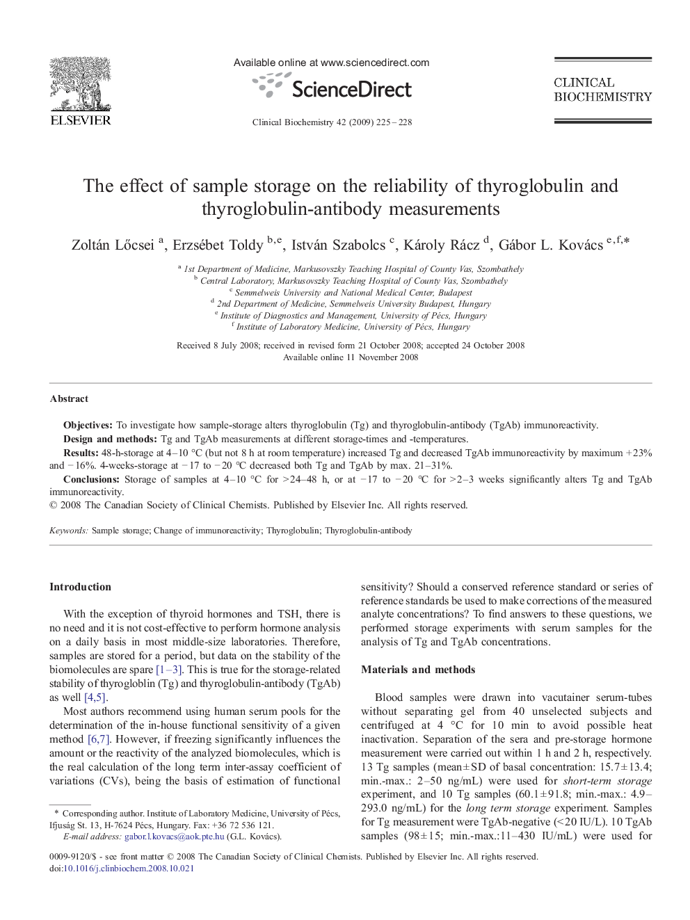 The effect of sample storage on the reliability of thyroglobulin and thyroglobulin-antibody measurements