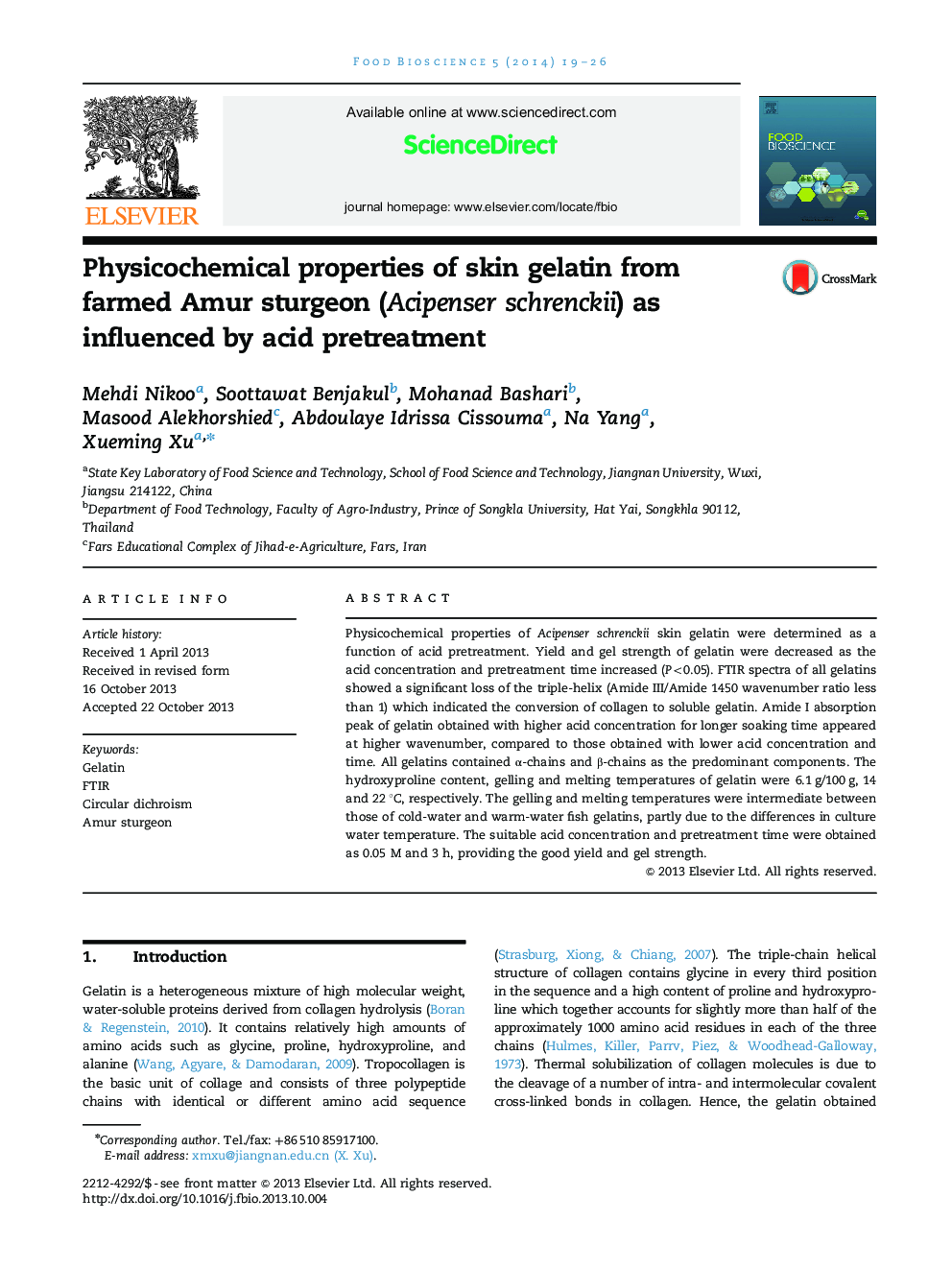 Physicochemical properties of skin gelatin from farmed Amur sturgeon (Acipenser schrenckii) as influenced by acid pretreatment