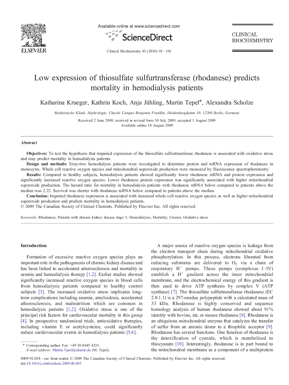 Low expression of thiosulfate sulfurtransferase (rhodanese) predicts mortality in hemodialysis patients